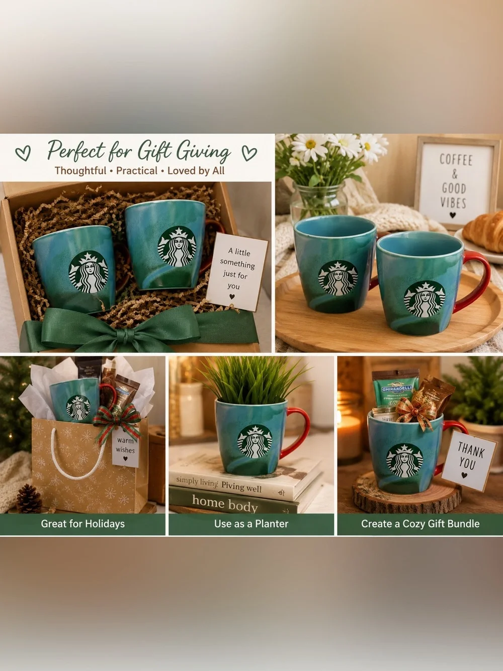 Starbucks Teal Ombre Ceramic Mugs with Red Accent Handle (Pair)